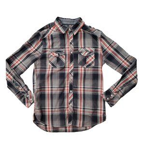 BKE Buckle Pearl Snap Plaid Long Sleeve Button Red Black Tailored Med Shirt A15